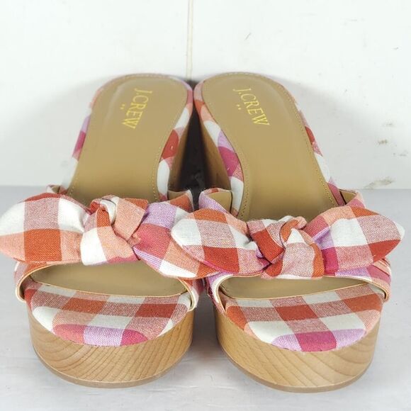 J. Crew Women's US7,5 Multicolor Plaid Printed Bow Wooden Heels Mules Sandals Nw - Picture 5 of 14